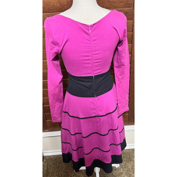 eShakti Fit n Flare Bright Pink Dress Size 0 XS black stripes long sleeve - Picture 3 of 8